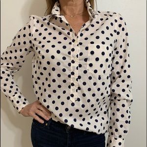 J Crew navy and cream polka dot long sleeve top.